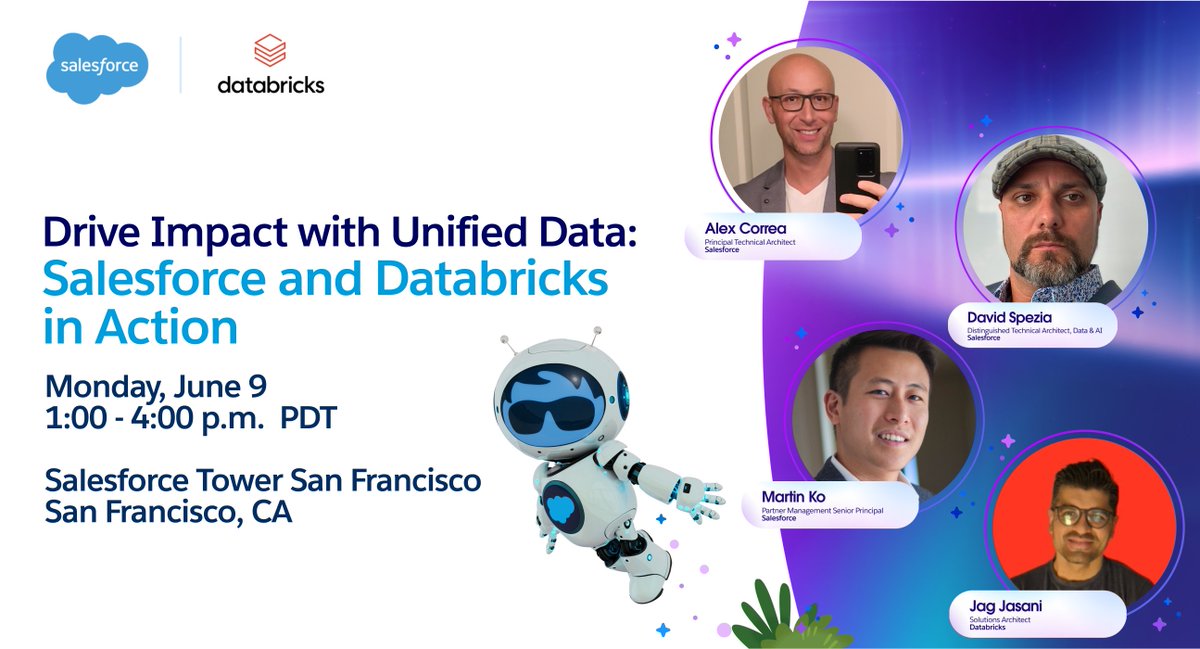 Join experts from Salesforce and Databricks on June 9 for an interactive workshop showcasing Zero Copy integration in real-world use. 

Reserve your spot today: sforce.co/4jAtPmH