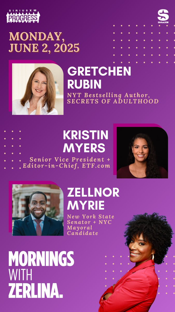 ZerlinaMornings.bsky.social (@zerlinamornings) on Twitter photo Hello Monday! Joining Zerlina: Happiness Expert & NYT Bestselling Author <a href="/gretchenrubin/">Gretchen Rubin</a>, <a href="/etfcom/">etf.com</a> SVP & Editor-in-Chief <a href="/KristinReports/">Kristin Myers</a> + NY State Senator & NYC Mayoral Candidate <a href="/zellnor/">Zellnor Y. Myrie</a>!
βοΈ 866-997-4748
π» <a href="/SiriusXMProg/">SiriusXMProg.bsky.social</a> Ch. 127
siriusxm.us/Zerlina Hello Monday! Joining Zerlina: Happiness Expert & NYT Bestselling Author <a href="/gretchenrubin/">Gretchen Rubin</a>, <a href="/etfcom/">etf.com</a> SVP & Editor-in-Chief <a href="/KristinReports/">Kristin Myers</a> + NY State Senator & NYC Mayoral Candidate <a href="/zellnor/">Zellnor Y. Myrie</a>!
βοΈ 866-997-4748
π» <a href="/SiriusXMProg/">SiriusXMProg.bsky.social</a> Ch. 127
siriusxm.us/Zerlina