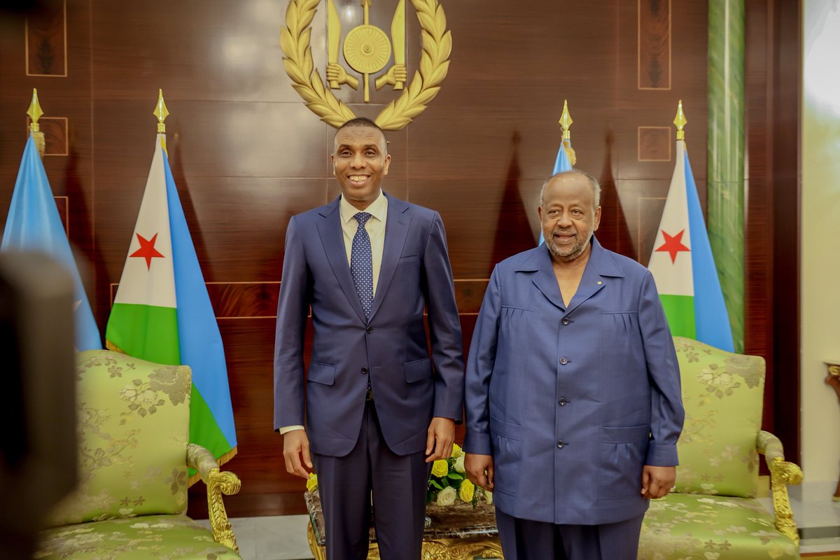 SomaliPM's tweet photo. Prime Minister @HamzaAbdiBarre, who is on an official working visit to Djibouti, met today with President Ismail Omar Guelle at the Presidential Palace in Djibouti City. The two leaders discussed further strengthening the already strong bilateral relations and bonds. Their discussions also deliberated on political and economic development in the region. President Guelle expressed his support for Somalia's ongoing efforts towards stability and development, while Prime Minister Barre highlighted the progress made by the Somali government in security and good governance.