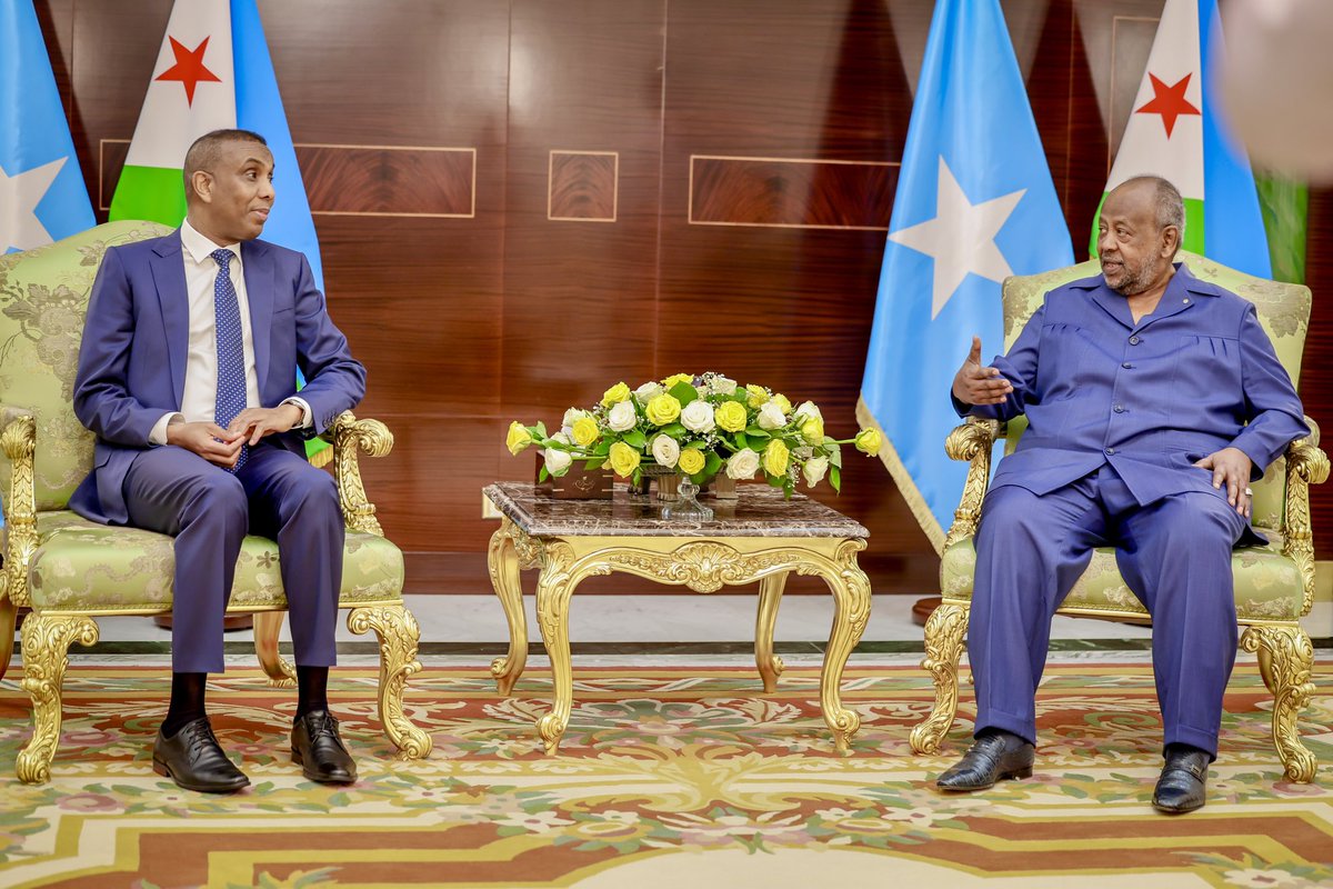 SomaliPM's tweet photo. Prime Minister @HamzaAbdiBarre, who is on an official working visit to Djibouti, met today with President Ismail Omar Guelle at the Presidential Palace in Djibouti City. The two leaders discussed further strengthening the already strong bilateral relations and bonds. Their discussions also deliberated on political and economic development in the region. President Guelle expressed his support for Somalia's ongoing efforts towards stability and development, while Prime Minister Barre highlighted the progress made by the Somali government in security and good governance.
