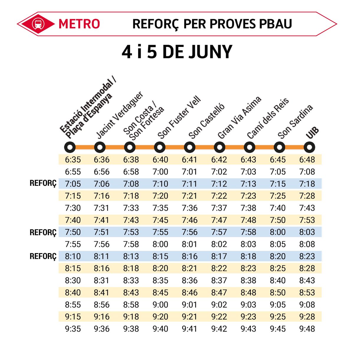 🚇 Aquesta setmana reforçam el servei de metro amb motiu de les proves #PBAU a la #UIB.

➡️ Dimarts 3, dimecres 4 i dijous 5 de #juny.    

⏰ Podeu consultar els horaris complets de metro per a aquests dies aquí 👉bit.ly/3ZJytHL