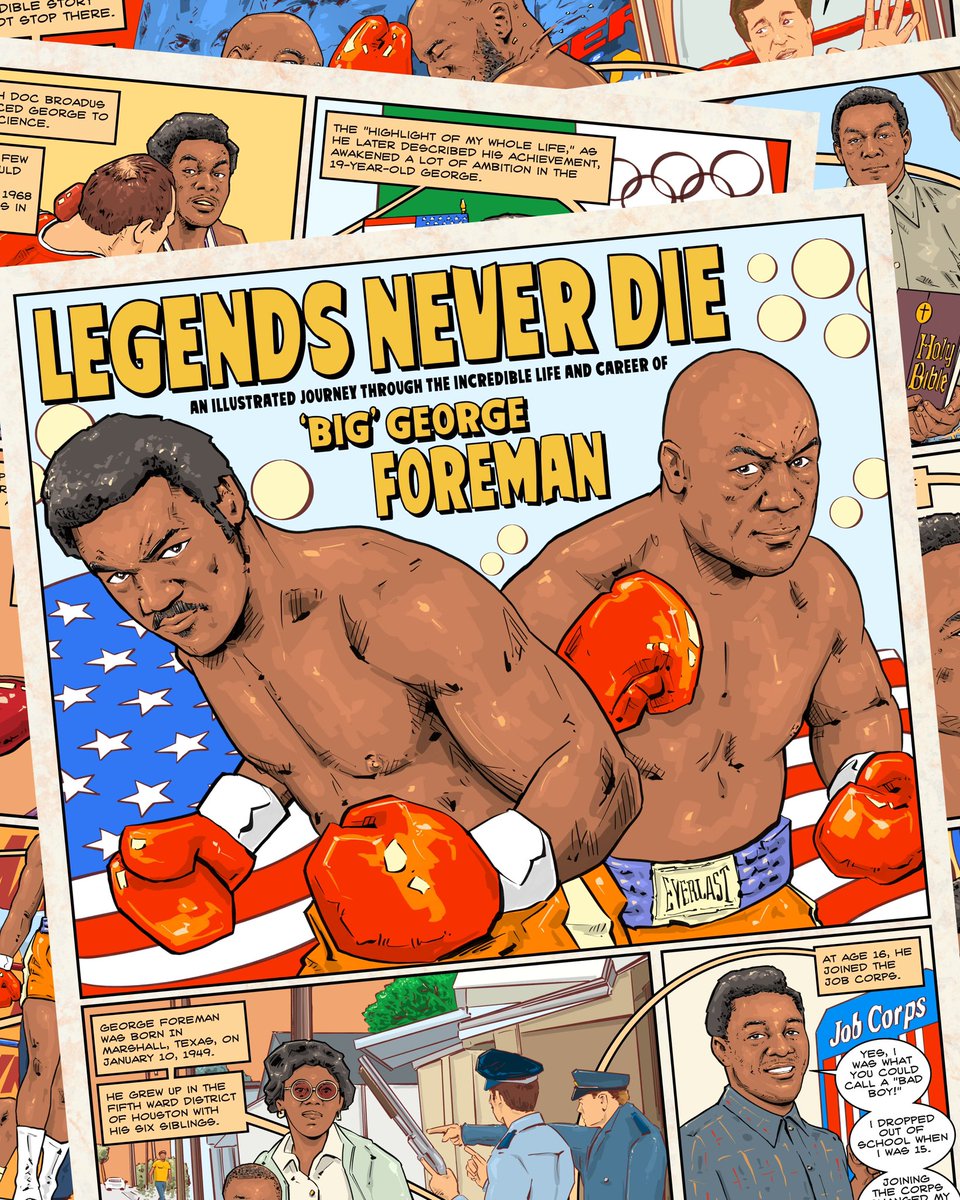 kronkaaart's tweet image. “LEGENDS NEVER DIE, an illustrated tour through the incredible life and career of Big George Foreman”, in this month’s @ringmagazine available online, in bookstores near you or by subscribing on ringmazine.com. As always, I feel privileged to have the honor to add my…