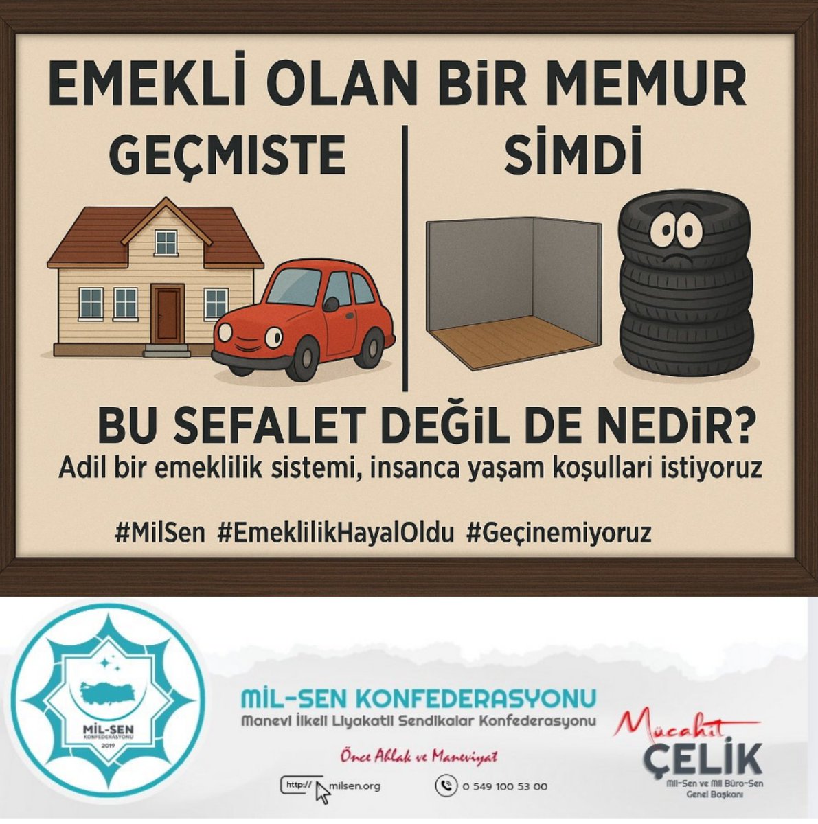 Eskiden emekli olan bir memur, bir ev ya da bir araba alabiliyordu.
Bugün ise ancak bir evin bir odasını, bir arabanın ise sadece dört lastiğini alabilecek durumda.

📉 Maaşlar eriyor
💸 Alım gücü yerle bir oluyor
🧱 Hayaller daracık duvarlara sıkışıyor

Bu sefalet değil de
