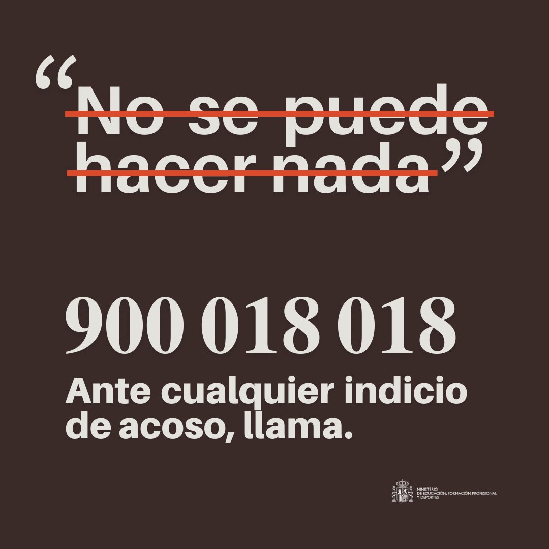 ¿No se puede hacer nada?  

📲900 018 018
🔸Es gratuito
🔸Funciona las 24 horas

Ante cualquier indicio de acoso, llama.