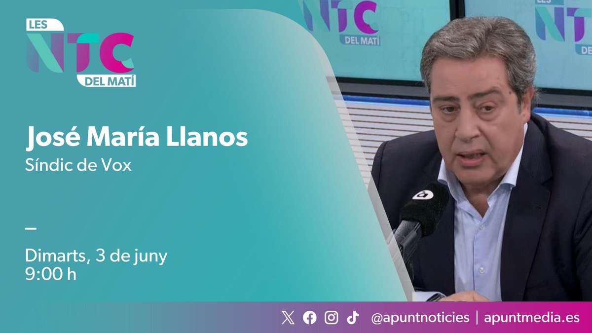 Les notícies del matí (@ntcdelmati) on Twitter photo 📡Demà dimarts entrevistarem el síndic de <a href="/vox_cv/">VOX Cortes Valencianas</a> a les <a href="/cortsval/">Corts Valencianes</a>, <a href="/JoseMa_Llanos/">José María Llanos</a>.
🗣️Amb <a href="/cpascualr/">Carolina Pascual</a>, Àlvaro Errazu i <a href="/eduard_urena/">Eduard Ureña</a> en la tertúlia.
📻web.apunt.es/RàdioEnDirecte
📺web.apunt.es/DirecteTV 📡Demà dimarts entrevistarem el síndic de <a href="/vox_cv/">VOX Cortes Valencianas</a> a les <a href="/cortsval/">Corts Valencianes</a>, <a href="/JoseMa_Llanos/">José María Llanos</a>.
🗣️Amb <a href="/cpascualr/">Carolina Pascual</a>, Àlvaro Errazu i <a href="/eduard_urena/">Eduard Ureña</a> en la tertúlia.
📻web.apunt.es/RàdioEnDirecte
📺web.apunt.es/DirecteTV
