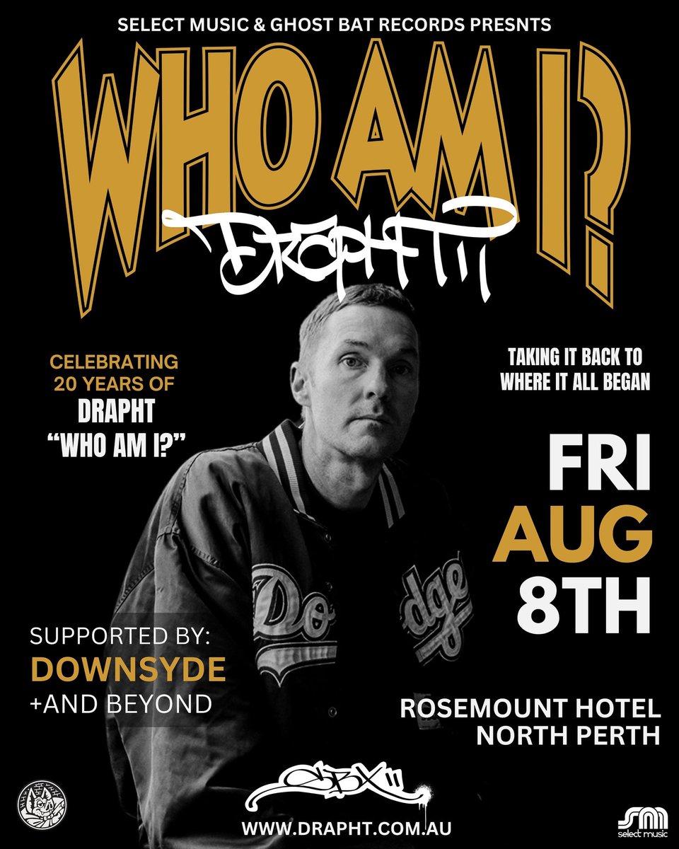 Drapht's tweet image. 20 years later, we’re celebrating “Who Am I?” Full circle, back where it all began.
Rosemount Hotel. Fri Aug 8.
With the friends Downsyde + And Beyond! 

tickets.oztix.com.au/outlet/event/a…