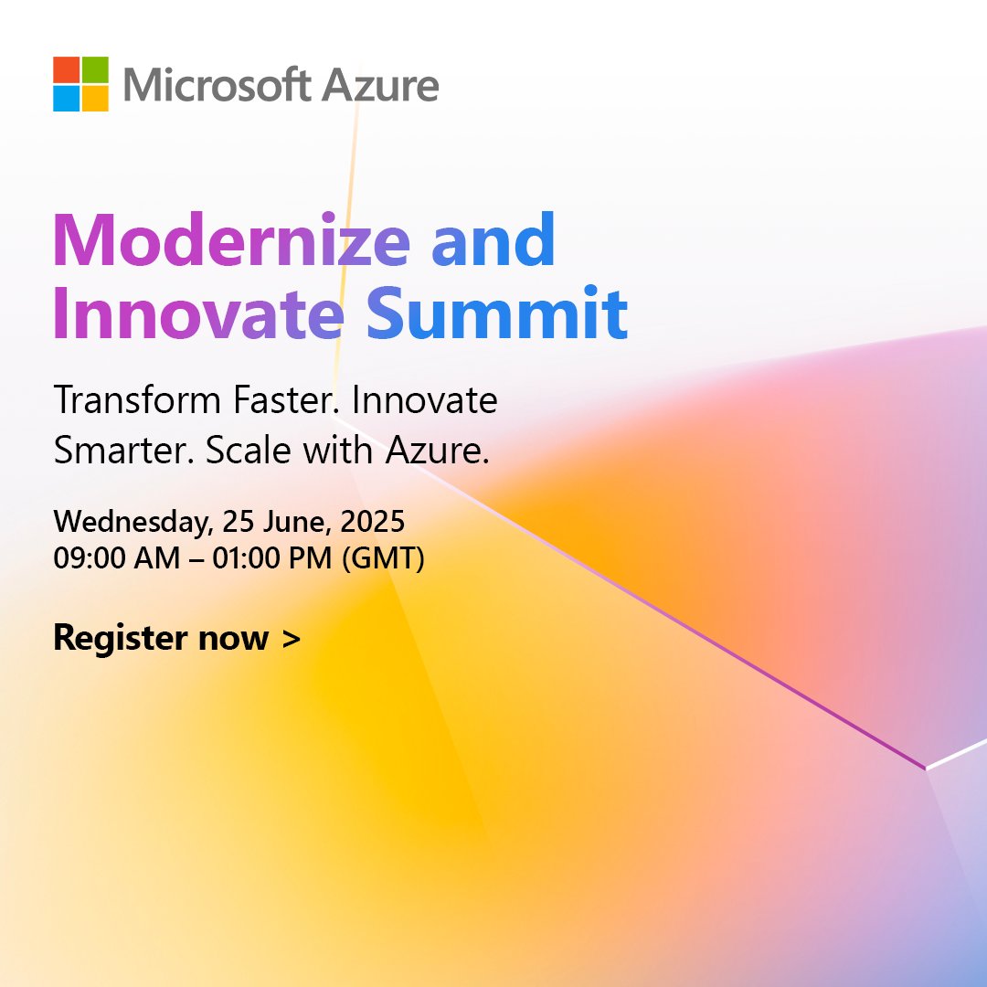 Innovation doesn’t wait. Neither should you. ☁️✨ Join leaders at the Modernize and Innovate Summit to explore the future with Azure and transform your business: msft.it/6017Sl6mT