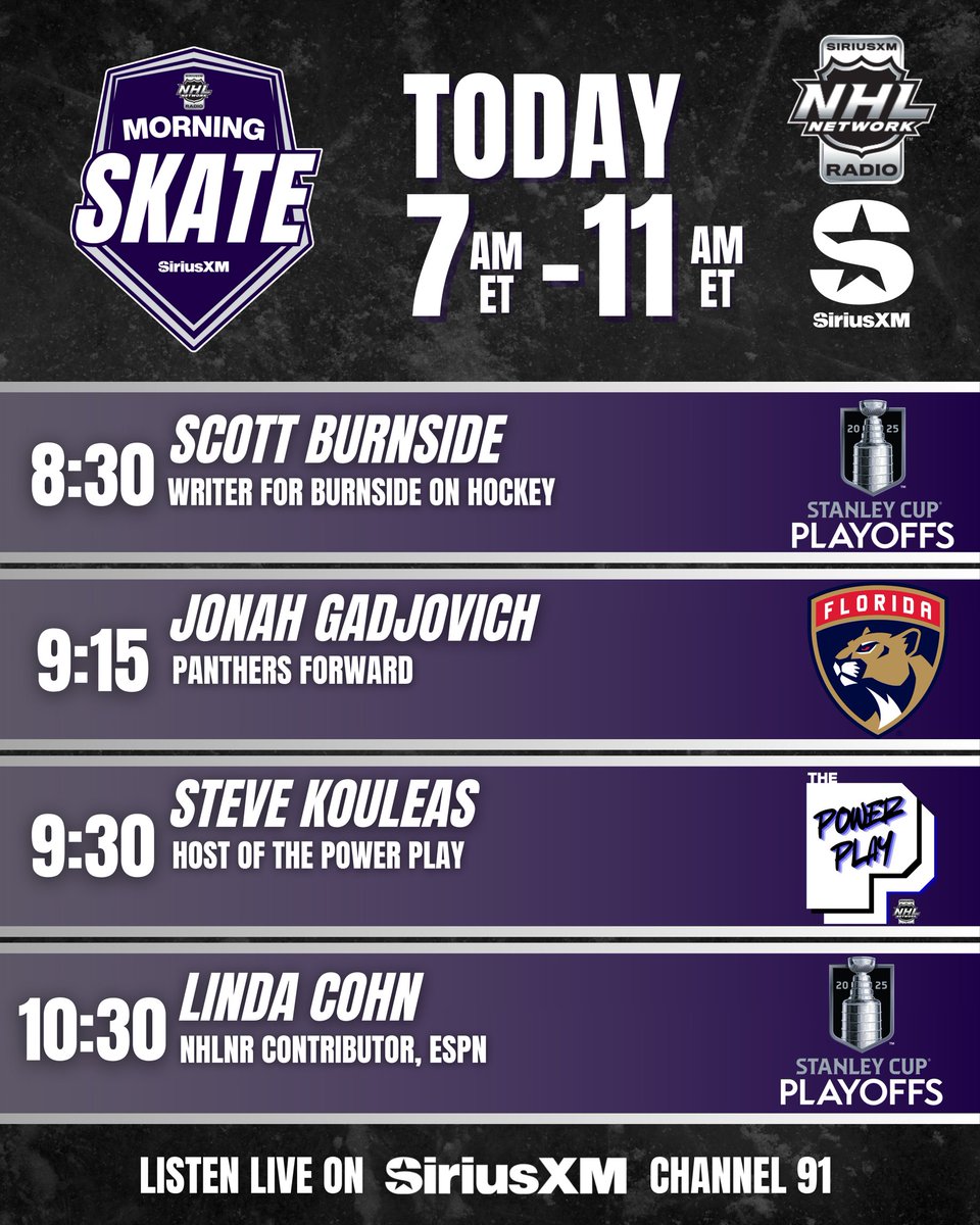 SiriusXM NHL Network Radio (@siriusxmnhl) on Twitter photo NHL Morning Skate is LIVE 7AM-11AM ET!
7-8 šPete DeBoer, Jake Oettinger, Jamie Benn, Mathieu Darche #TexasHockey #Isles
8-10 <a href="/LaughlinSXM/">Scott Laughlin</a> & <a href="/GordStellick/">Gord Stellick</a>
10-11 <a href="/GordStellick/">Gord Stellick</a> & <a href="/mike_p_johnson/">Mike Johnson</a>
#StanleyCup
š§SiriusXM.ca/NHLLive/ NHL Morning Skate is LIVE 7AM-11AM ET!
7-8 šPete DeBoer, Jake Oettinger, Jamie Benn, Mathieu Darche #TexasHockey #Isles
8-10 <a href="/LaughlinSXM/">Scott Laughlin</a> & <a href="/GordStellick/">Gord Stellick</a>
10-11 <a href="/GordStellick/">Gord Stellick</a> & <a href="/mike_p_johnson/">Mike Johnson</a>
#StanleyCup
š§SiriusXM.ca/NHLLive/