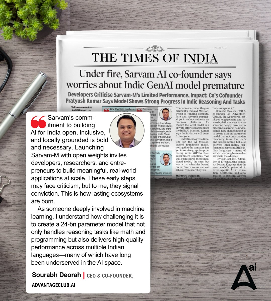 AdvantageClub.ai (@myadvantageclub) on Twitter photo Our Co-Founder & CEO, Sourabh Deorah, has been featured in <a href="/timesofindia/">The Times Of India</a>, sharing a bold perspective on the future of Indic GenAI.
Thank you to Akhil George for the feature.
š Read the full story: timesofindia.indiatimes.com/city/bengaluruā¦
#TimesOfIndia #AdvantageClubAI #IndicGenAI Our Co-Founder & CEO, Sourabh Deorah, has been featured in <a href="/timesofindia/">The Times Of India</a>, sharing a bold perspective on the future of Indic GenAI.
Thank you to Akhil George for the feature.
š Read the full story: timesofindia.indiatimes.com/city/bengaluruā¦
#TimesOfIndia #AdvantageClubAI #IndicGenAI