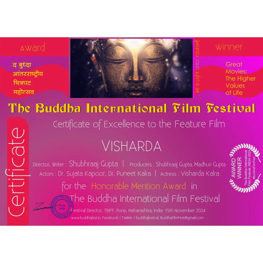 sufngo's tweet photo. I sincerely express my gratitude to all jury members of THE BUDDHA INTERNATIONAL FILM AWARD 2024 (India) who awarded me the BEST EXCELLENCE HONORABLE AWARD for our Hindi feature film "VISHARDA".🙏
@shubhraaj @sufngo @sueproduction @curvyshine_ https://t.co/WOzMNghVmG