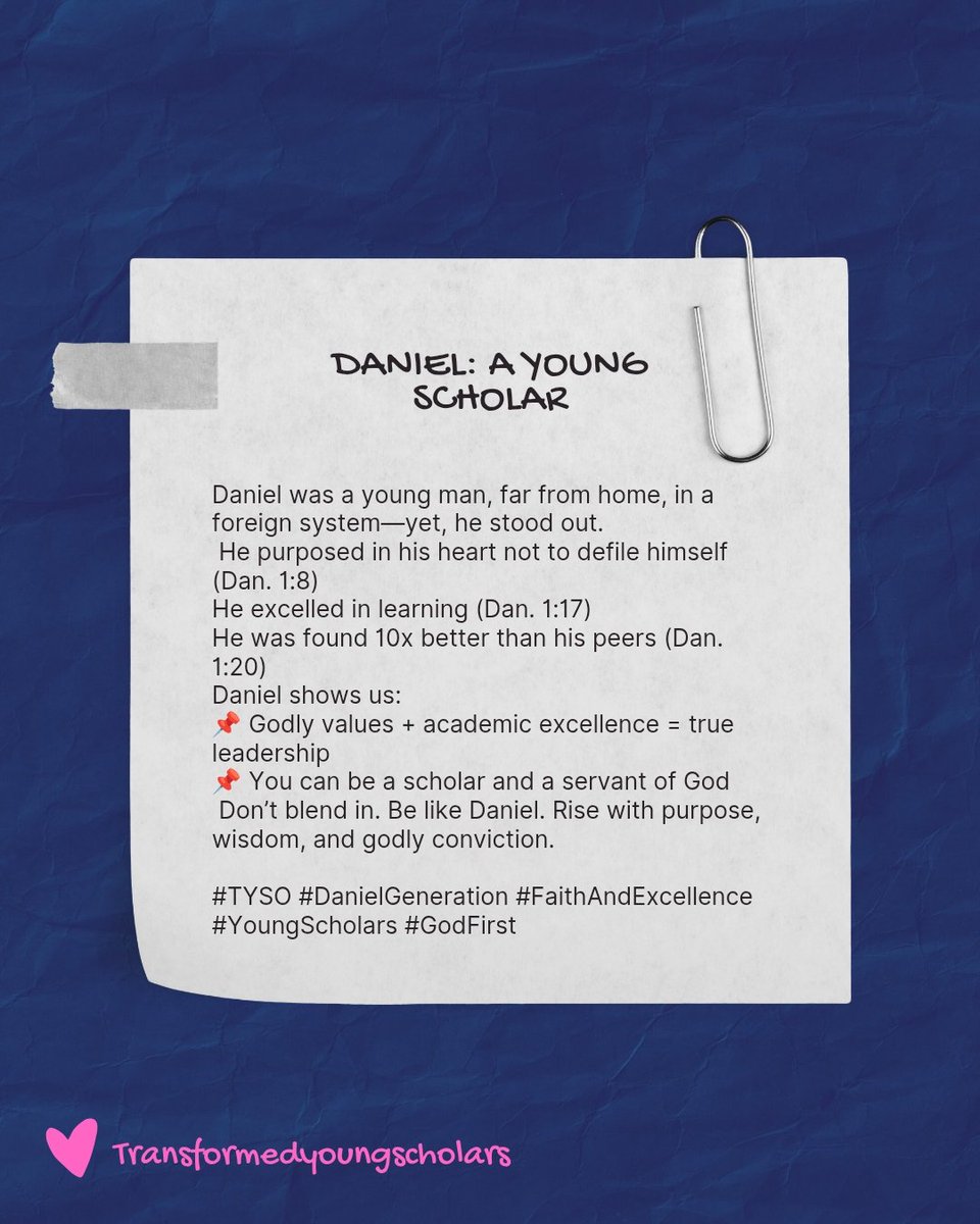 mike_ngene23851's tweet photo. Daniel: A Young Scholar per Excellence 📘✨
He stood out in wisdom, faith & discipline — and was found 10x better (Dan. 1:20).
Young scholar, your faith is your edge.
Be like Daniel. Stand out for God. 💪🔥
#TYSO #DanielGeneration #YoungScholars #FaithAndExcellence https://t.co/2Gd60AOEvl
