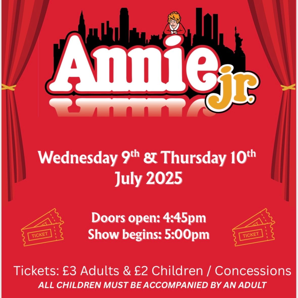Cedar Mount Academy (@cedarmount_bf) on Twitter photo SAVE THE DATE - 9th & 10th July - Annie
Doors open: 4:45pm please arrive early.
Show starts: 500pm
Email: JCaslake@cma.bright-futures.co.uk to buy tickets
*Students must be accompanied by adult* SAVE THE DATE - 9th & 10th July - Annie
Doors open: 4:45pm please arrive early.
Show starts: 500pm
Email: JCaslake@cma.bright-futures.co.uk to buy tickets
*Students must be accompanied by adult*