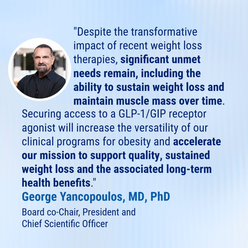 Regeneron's tweet photo. Announcing an in-licensing agreement for an investigational, novel dual GLP-1/GIP receptor agonist that will enable synergy and flexibility across our broad pipeline of obesity and metabolic programs focused on improved quality of weight loss, co-morbidities and long-term health.