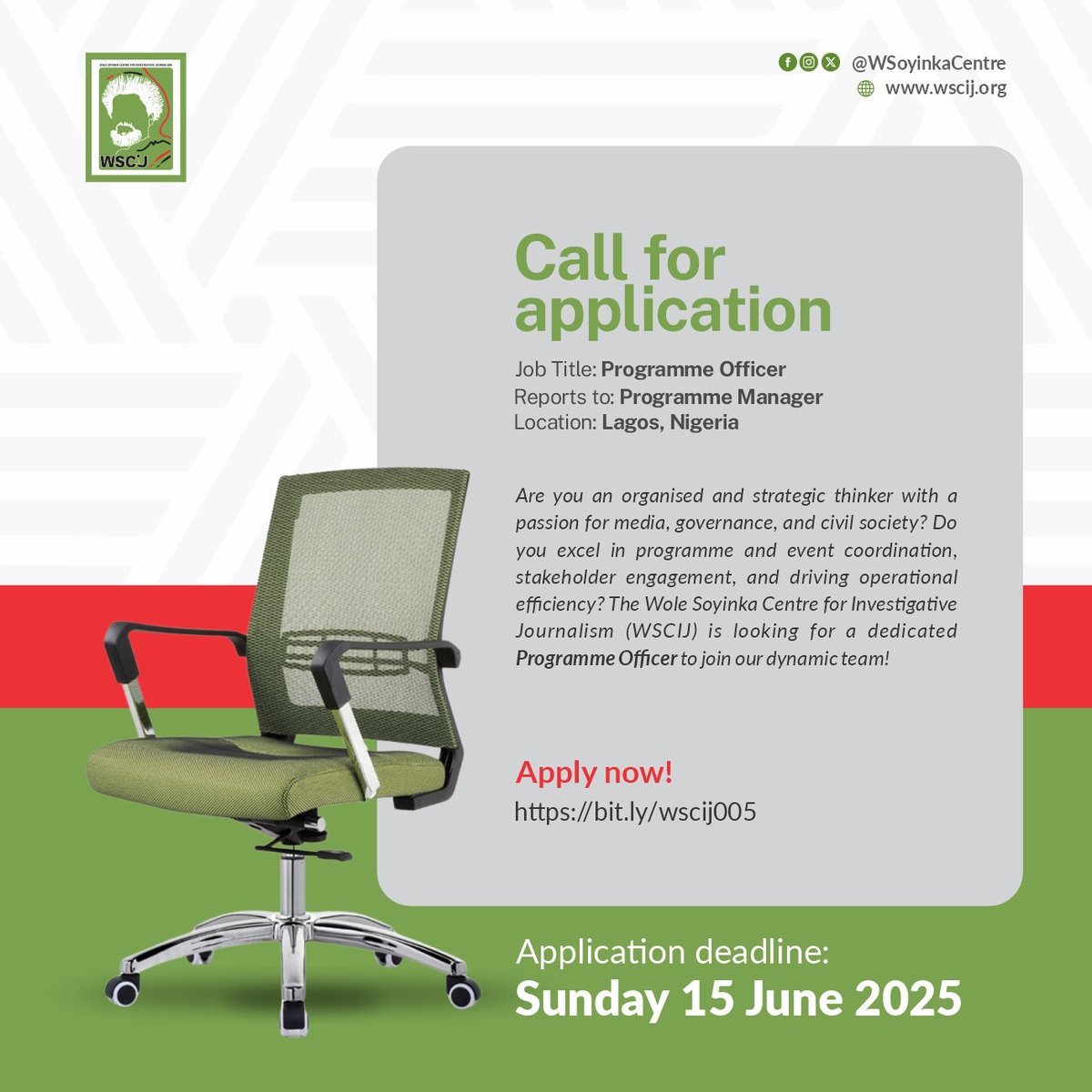 Wole Soyinka Centre (@wsoyinkacentre) on Twitter photo Are you interested in joining the <a href="/WSoyinkaCentre/">Wole Soyinka Centre</a> team?
An opportunity is now open as we are recruiting a Programme Officer.
Apply by 15 June 2025 via bit.ly/wscij005 Are you interested in joining the <a href="/WSoyinkaCentre/">Wole Soyinka Centre</a> team?
An opportunity is now open as we are recruiting a Programme Officer.
Apply by 15 June 2025 via bit.ly/wscij005