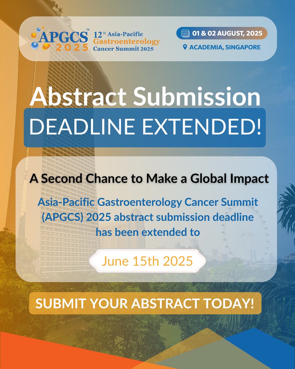 🚨 Abstract Deadline Extended!
Join the conversation on GI cancer care at #APGCS2025 – Aug 1–2, Singapore 🇸🇬

Submit your abstract now &amp; make your research count!

New deadline: 15th June 2025
🔗 abstracts.index.ae/apgcs-2025

#Oncology #GIOncology #CancerResearch #MedicalConference
