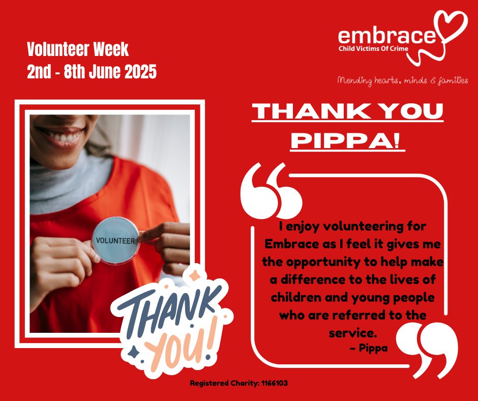 Embrace would like to take the opportunity to thank our volunteer, Pippa. Pippa is a committed, integral part of Embrace as one of our Service Support Volunteers. Thank you Pippa! 🏅
For information on how you can support Embrace, please visit our website: embracecvoc.org.uk/what-you-can-d…