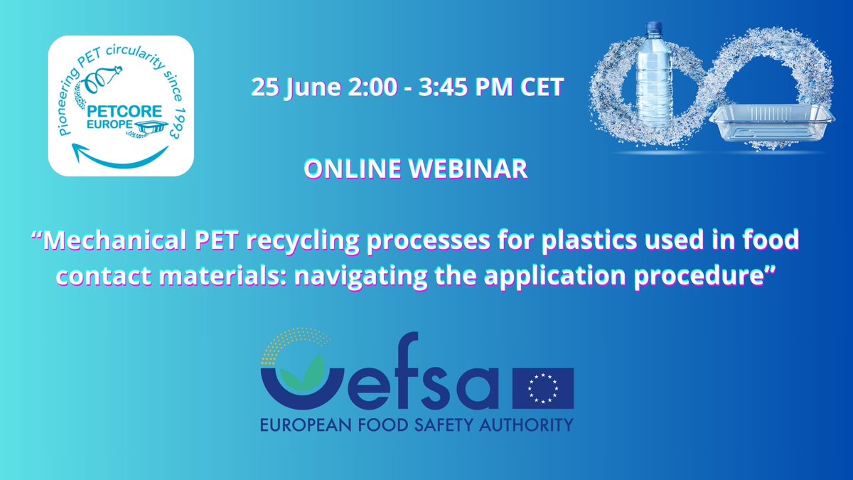 ♻️Join us on the 25 of June at 2 PM.📷The objective of this online webinar is to share the updates regarding mechanical PET recycling processes for plastics used in food contact materials &amp; to understand better
<a href="/EFSA_EU/">EFSA</a>'s application procedure.  REGISTER📷bit.ly/4lHqJiQ