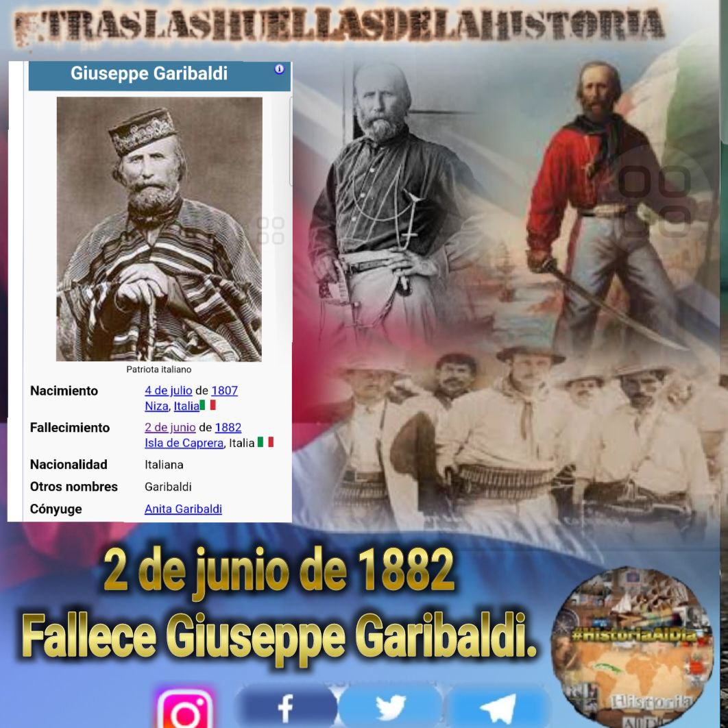 💪🇨🇺 Comparte, Ama❤️ y Divulga 📲 la Historia 📝📅.
☝️Efemérides del 2 de Junio.

👣 Caída en combate de Antonio Sánchez Díaz, Pinares.
👣 Caída en combate de Casildo Condori Vargas.
👣 Fallece Carolina Rodríguez.
👣 Fallece Giuseppe Garibaldi.

#HistoriaAlDía 
#TitanesDeCorazón