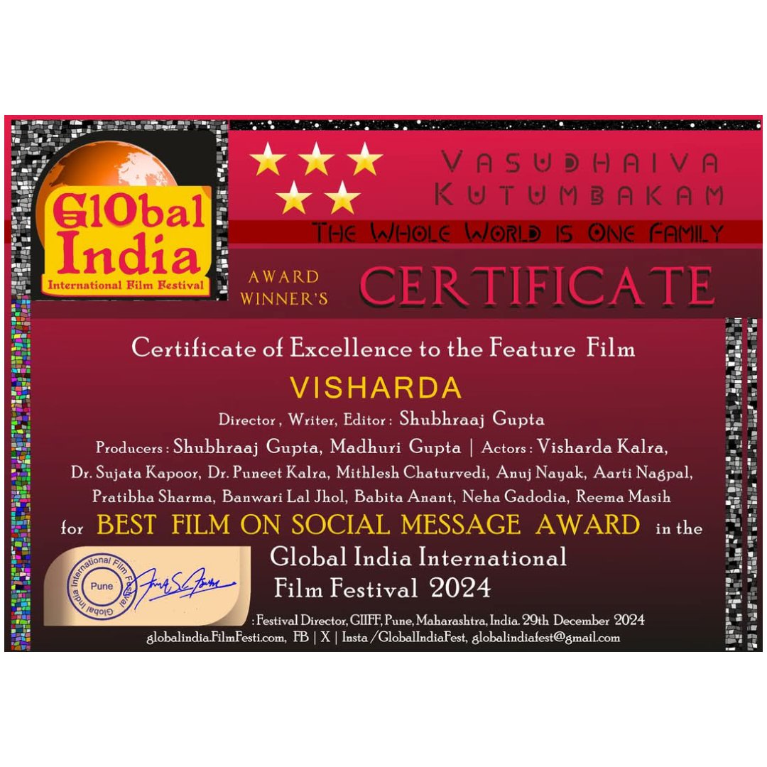 sufngo's tweet photo. I sincerely express my gratitude to all jury members of the GLOBAL INDIA INTERNATIONAL FILM FESTIVAL (India) who awarded me the BEST FILM ON SOCIAL MESSAGE &amp; BEST DIRECTOR OF THE YEAR @shubhraaj award for our Hindi feature film "VISHARDA"🙏
@sufngo @sueproduction @curvyshine_ https://t.co/9uQwYgnxm0