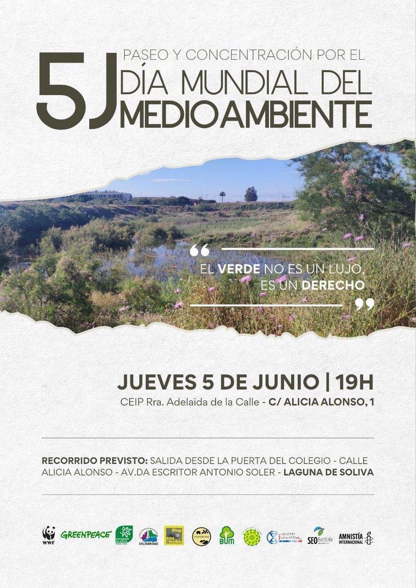Con motivo del #DiaMundialDelMedioAmbiente   animamos a todos los vecinos y las vecinas a una marcha hasta la laguna de Soliva el proximo 5J. Este paraje natural se ecuentra en peligro por los planes urbanisticos de <a href="/malaga/">Ciudad de Málaga</a>.