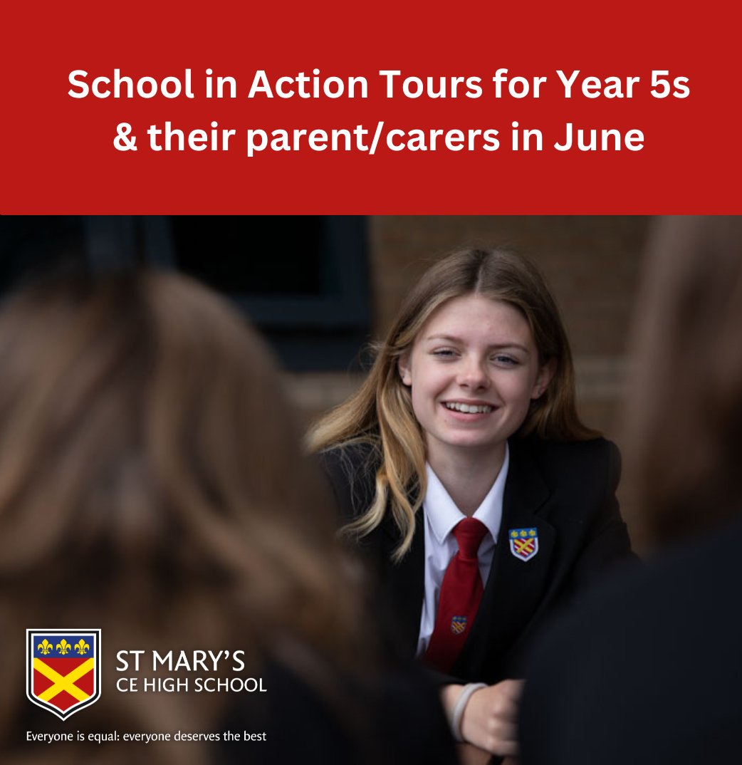 Year 5 parent/carers/students are invited to visit one of our School in Action tours for students in Years 5 transitioning to secondary school in Sep 2026.

23rd, 24th &amp; 30th June 2025

Each 9am tour lasts around 45 mins. Book now: 01992 629124 or admin@st-maryshigh.herts.sch.uk