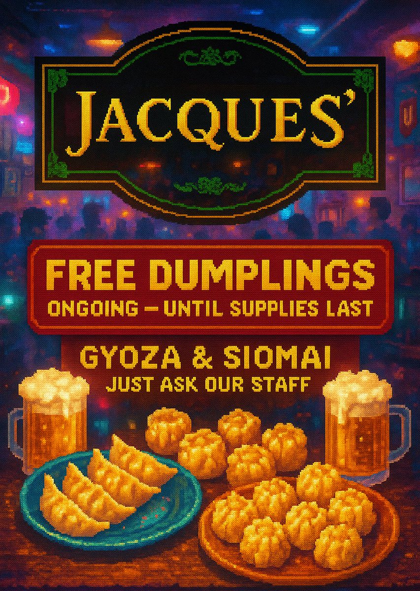 Get FREE DUMPLINGS (siomai or gyoza) when you:
✅ Order any drink (beer, butter beer, mixed drinks, or Alfonso Light + Coke)
✅ Share this post on your timeline or repost on your story
✅ Ask our staff and claim your reward
✅ Pwedeng humingi ulit basta bibili ulit ng drinks 😱