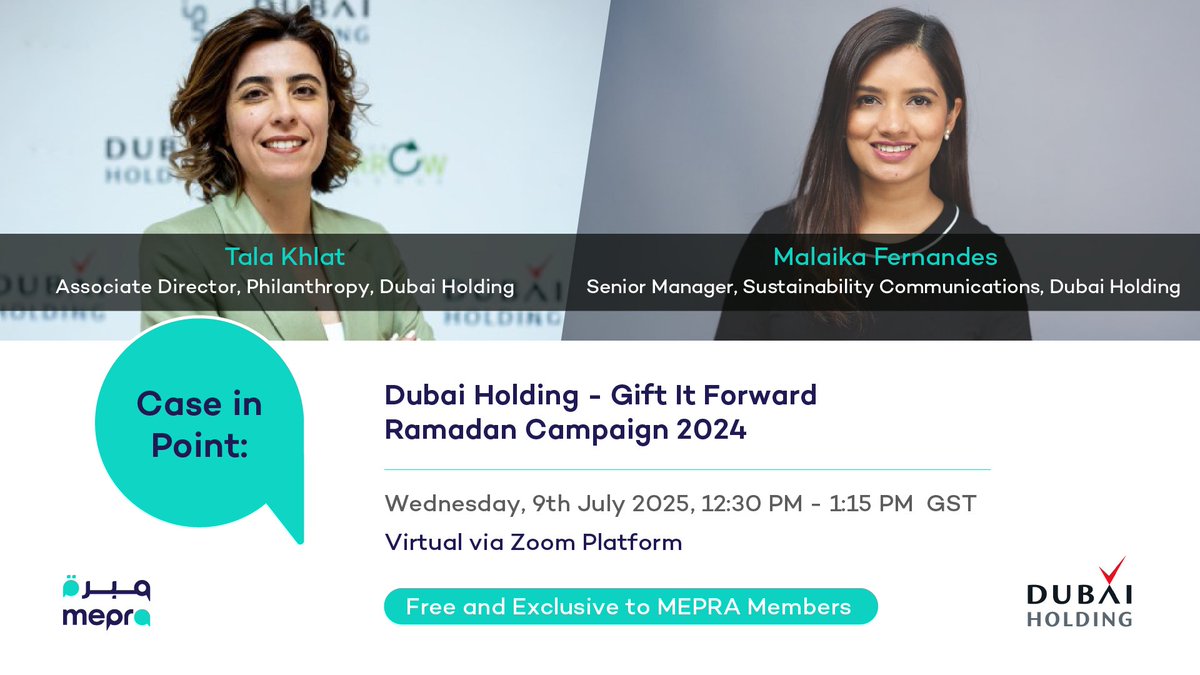 Case in Point: Gift It Forward – Ramadan Campaign 2024 🏆

Unlock the secrets behind the award-winning campaign with Dubai Holding’s Tala Khlat, Associate Director, Philanthropy, and Malaika Fernandes, Senior Manager, Sustainability Communications.

🔗 mepra.org/events