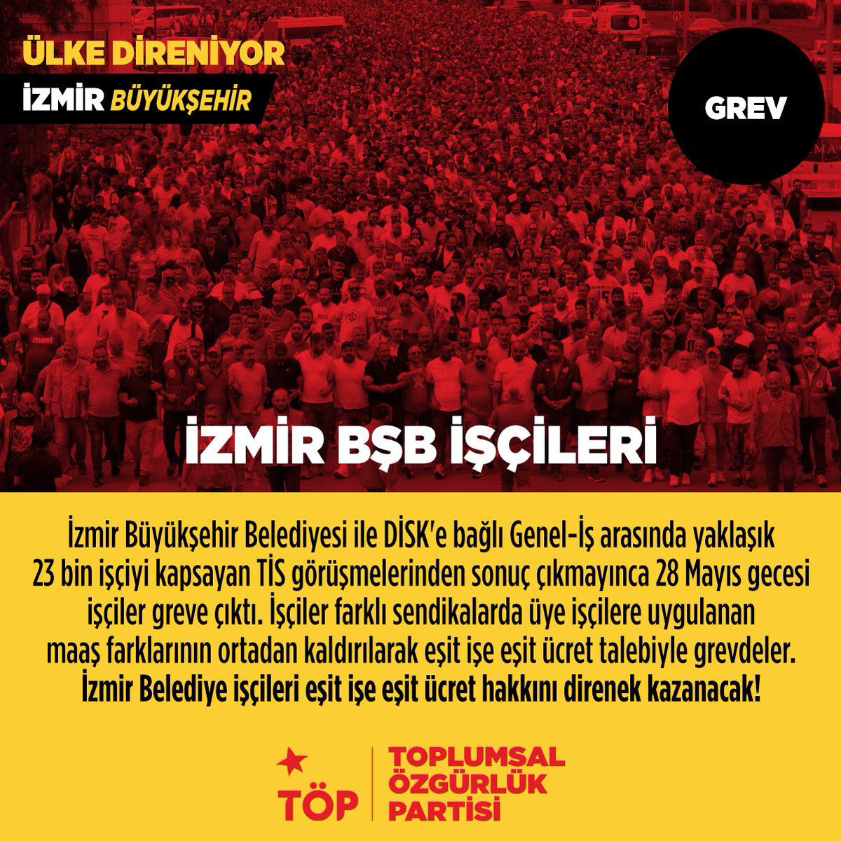 İzmir Büyükşehir Belediyesi işçileri direniyor ✊

İzmir Büyükşehir Belediyesi ile DİSK/Genel-İş arasında yaklaşık 23 bin işçiyi kapsayan 6 ay süren TİS görüşmeleri sonuçsuz kalınca, İzmir BŞB işçileri 28 Mayıs gecesi greve çıktı.
İşçiler, farklı sendikalara üye olmalarından