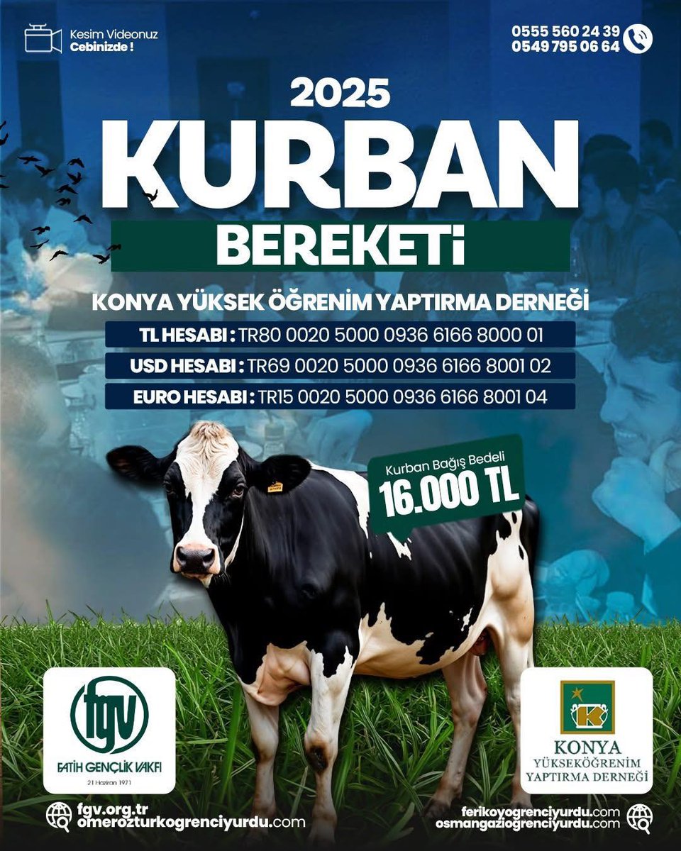 Kurbanlarınız 37 Yıldır Güvenle Yerine Ulaşıyor!

Kurban bağışlarınız, Fatih Gençlik Vakfı ve Konya Yüksek Öğrenim Yaptırma Derneği güvencesiyle gerçek ihtiyaç sahiplerine ulaştırılıyor.

Bu bayram da hayra ortak olun!