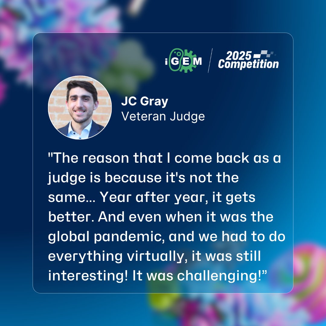 iGEMCommunity's tweet image. Why do iGEM Judges return year after year? Because it’s never the same, and it only gets better! The challenges are fresh, the teams are inspiring and the community is all in!
Apply now to be a Judge at the world’s biggest synthetic biology competition:
competition.igem.org/judging/judges