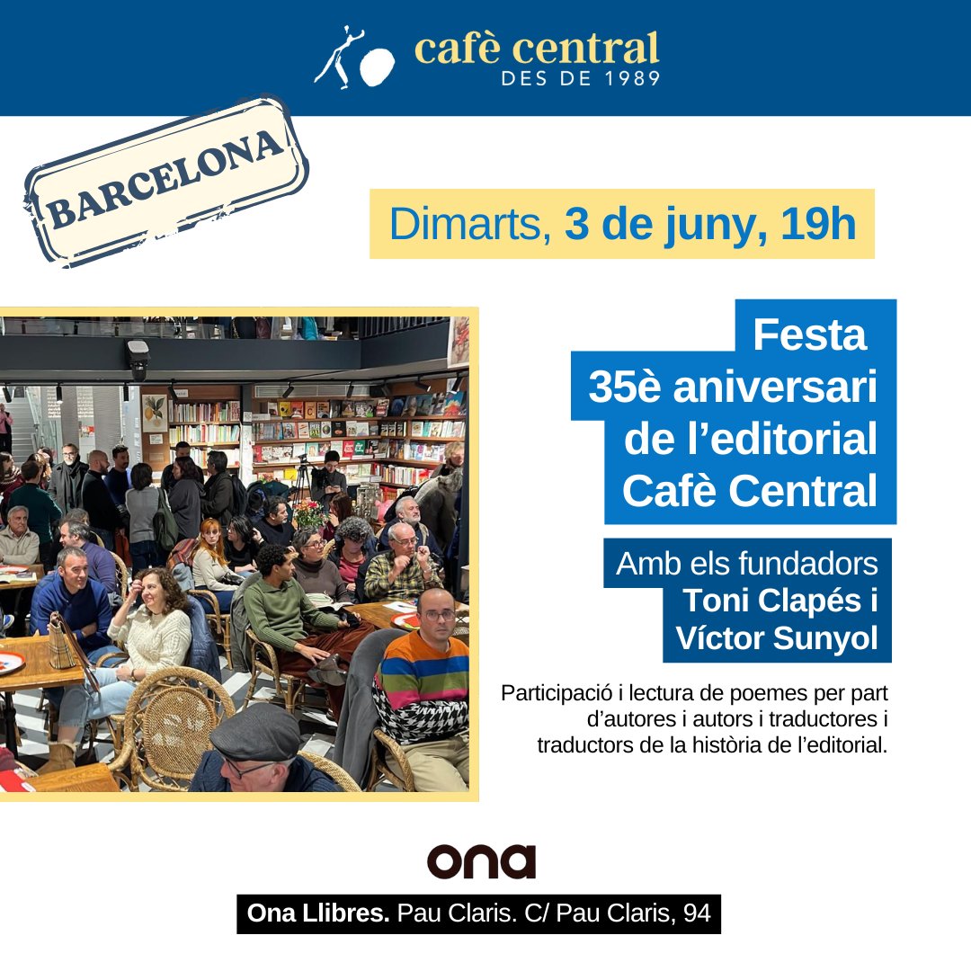 Cafè Central (@cafecentraljs) on Twitter photo Dimarts, 3 de juny, a les 19h, a <a href="/OnaLlibres/">Ona Llibres</a> celebrem 35 anys de Cafè Central. Hi haurà cava, lectures, conversa i projectes de futur!
editorialcafcentral.substack.com/p/dimarts-3-de… Dimarts, 3 de juny, a les 19h, a <a href="/OnaLlibres/">Ona Llibres</a> celebrem 35 anys de Cafè Central. Hi haurà cava, lectures, conversa i projectes de futur!
editorialcafcentral.substack.com/p/dimarts-3-de…