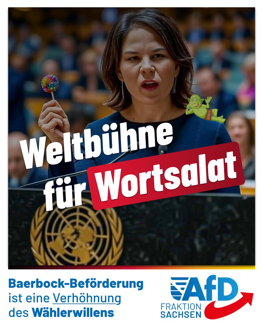 AfD_SLT's tweet photo. Die ehemalige grüne Außenministerin Annalena Baerbock wird heute zur Präsidentin der UN-Generalversammlung gewählt. Es handelt sich um das zweithöchste Amt der Weltorganisation.

Der sächsische AfD-Fraktionsvorsitzende @Joerg_UrbanAfD sieht darin eine „Verhöhnung des Wählerwillens“: „Dass abgewählte Regierungsvertreter demokratisch nicht legitimierte Spitzenposten in internationalen Organisationen erhalten, zeigt das ganze Ausmaß der Vetternwirtschaft, die von den Altparteien betrieben wird.

Bei Frau Baerbock kommt hinzu, dass die deutschen Steuerzahler das Gehalt für den Posten bei den Vereinten Nationen übernehmen müssen. Ursprünglich war für den Posten die angesehene Diplomatin Helga Schmid vorgesehen.

Die CDU muss sich fragen lassen, warum sie diese Postenbeschaffung für eine ehemalige Ministerin duldet, die nun wirklich auf internationalem Parkett jedes Fettnäpfchen mitgenommen hat. Ich habe den Eindruck: Die CDU wird die peinliche und kriegslüsterne Außenpolitik der Grünen nahtlos fortsetzen.“

#AfD #Sachsen #Deutschland #JörgUrban #AnnalenaBaerbock #UN #UNGeneralversammlung #Vetternwirtschaft #Altparteien #CDU #Grüne #Außenpolitik #Wählerwille #HelgaSchmid #KritikBaerbock #Steuergelder #Postenbeschaffung #InternationalePolitik