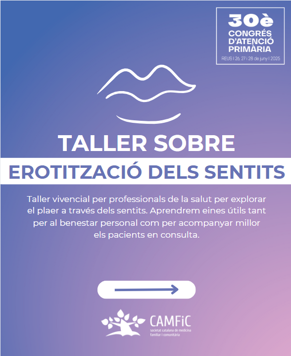congresCAMFiC's tweet photo. 👀Taller: Erotització dels sentits al #CongresAPCAMFiC
🗣️ Per parlar de sexualitat i plaer amb els pacients, primer cal haver-ho treballat en un mateix. Un taller vivencial per explorar el plaer a través dels sentits.
Amb Eva Ballerino i Montse Cañas del GdT @sexcamfic https://t.co/NbYAXZq64u