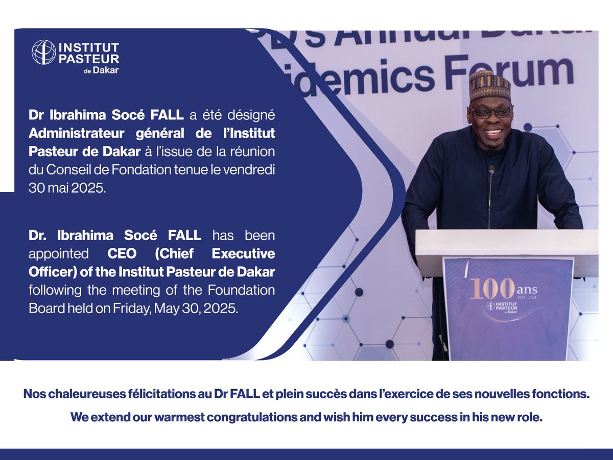 PasteurDakar's tweet photo. 🔹 Le Conseil de Fondation de l’@PasteurDakar annonce la nomination du Médecin Colonel Dr @SoceFallBirima comme nouvel Administrateur général. Expert mondial en santé publique, il succède au Dr Amadou Alpha Sall. 
Bienvenue et plein succès dans cette nouvelle mission ! https://t.co/CNkwxyMPK4