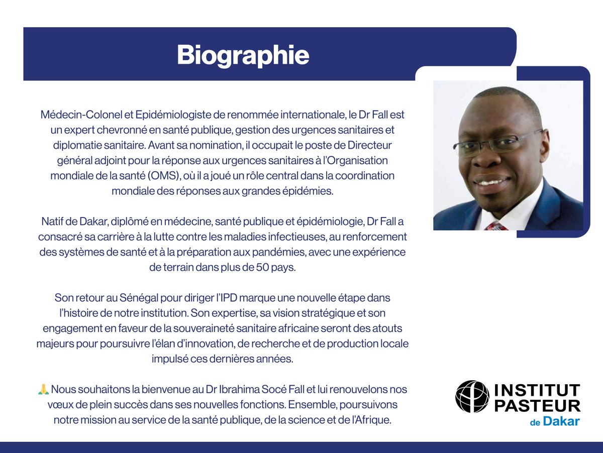 PasteurDakar's tweet photo. 🔹 Le Conseil de Fondation de l’@PasteurDakar annonce la nomination du Médecin Colonel Dr @SoceFallBirima comme nouvel Administrateur général. Expert mondial en santé publique, il succède au Dr Amadou Alpha Sall. 
Bienvenue et plein succès dans cette nouvelle mission ! https://t.co/CNkwxyMPK4
