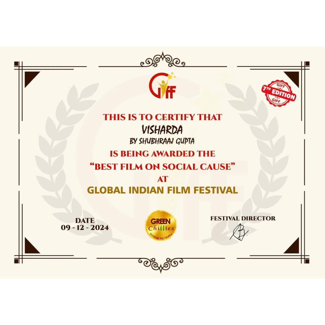 sueproduction's tweet photo. I sincerely express my gratitude to all jury members of the GLOBAL INDIAN FILM FESTIVAL 2024 (Mumbai, India) who awarded me the BEST FILM ON SOCIAL CAUSE &amp; BEST CHILD ACTOR @vishardaa award for our Hindi feature film "VISHARDA".🙏
@shubhraaj @sufngo @sueproduction @curvyshine_ https://t.co/MAweLSwUgL
