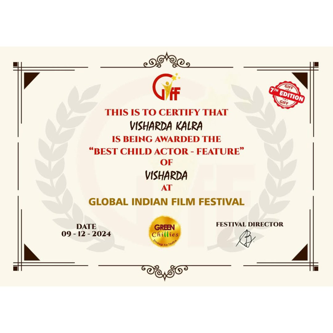 sueproduction's tweet photo. I sincerely express my gratitude to all jury members of the GLOBAL INDIAN FILM FESTIVAL 2024 (Mumbai, India) who awarded me the BEST FILM ON SOCIAL CAUSE &amp; BEST CHILD ACTOR @vishardaa award for our Hindi feature film "VISHARDA".🙏
@shubhraaj @sufngo @sueproduction @curvyshine_ https://t.co/MAweLSwUgL