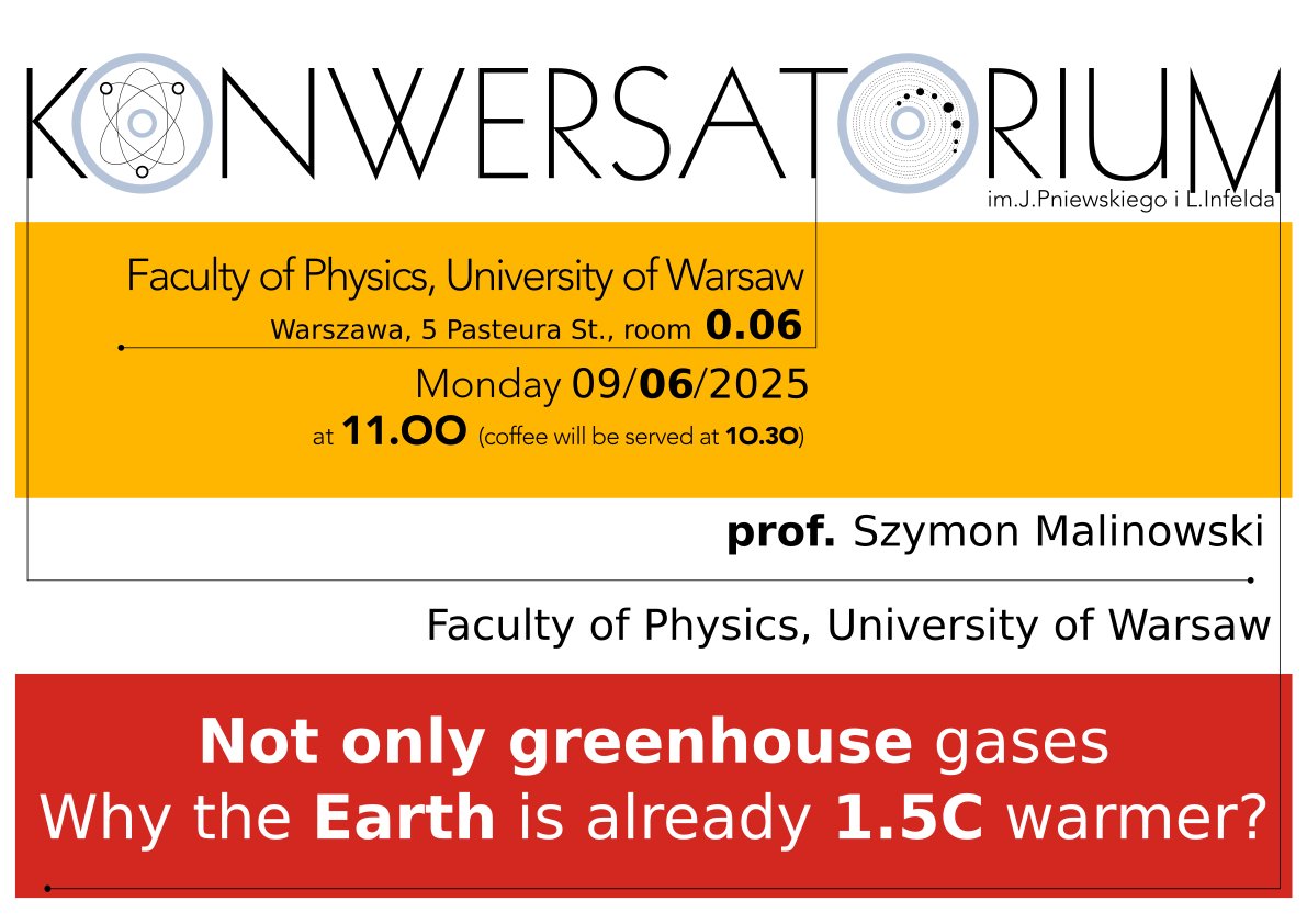 Wydział Fizyki Uniwersytetu Warszawskiego (@physics_uw) on Twitter photo On Monday 9.06 2025 at 11.00 am in room 0.06, Jerzy Pniewski and Leopold Infeld Seminar of the Faculty of Physics UW will take place. The lecture entitled: 'Not only greenhouse gases. Why is the Earth already 1.5 C warmer?" will be given by Prof Szymon Malinowski of <a href="/physics_UW/">Wydział Fizyki Uniwersytetu Warszawskiego</a>. On Monday 9.06 2025 at 11.00 am in room 0.06, Jerzy Pniewski and Leopold Infeld Seminar of the Faculty of Physics UW will take place. The lecture entitled: 'Not only greenhouse gases. Why is the Earth already 1.5 C warmer?" will be given by Prof Szymon Malinowski of <a href="/physics_UW/">Wydział Fizyki Uniwersytetu Warszawskiego</a>.