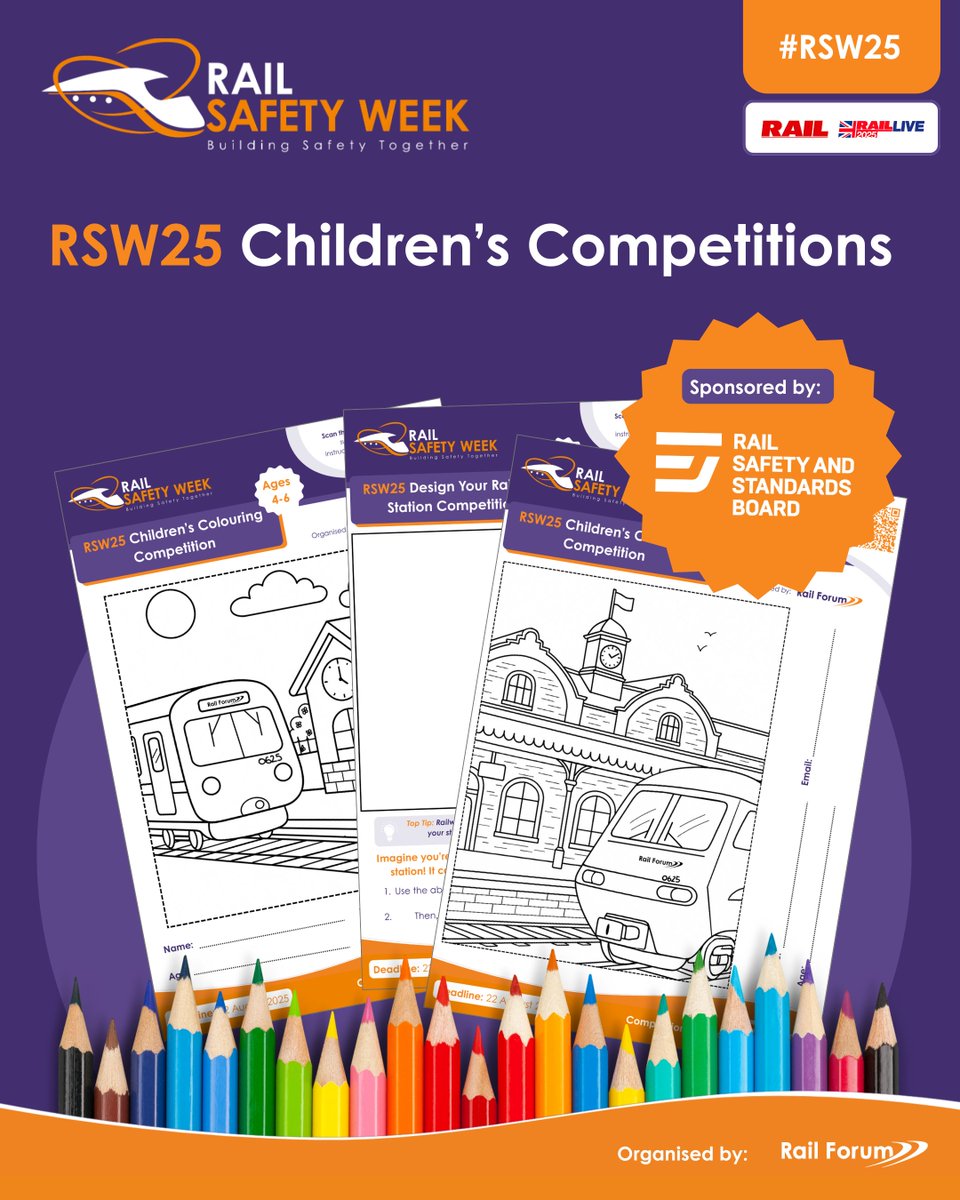 Our #RSW25 Children’s Competitions are NOW LIVE — proudly sponsored by <a href="/RSSB_rail/">RSSB</a> !

🖍️ Ages 4–6 &amp; 7–9: Colouring
✍️ Ages 10–12: Design a station
🏆 Winners announced in Sept!

Enter here 🔗 railsafetyweek.org/resources/rsw-…

Launch info 🔗
railforum.uk/2025/06/rail-f…
