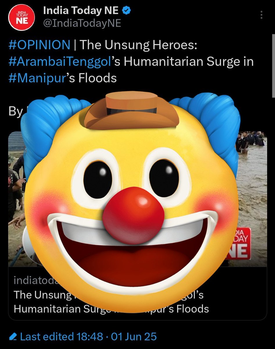 #Arambai that has massacred over 100 people, even extorted money from their own people,etc. are now "HEROES" 🤡

Mutilating dead bodies, shooting lifeless body of a woman (Lucy Maring) and saying "nice no head", etc. are now HEROES🤡 

kuchi bhi! <a href="/IndiaTodayNE/">India Today NE</a> 🤡🤡🤡

#Manipur