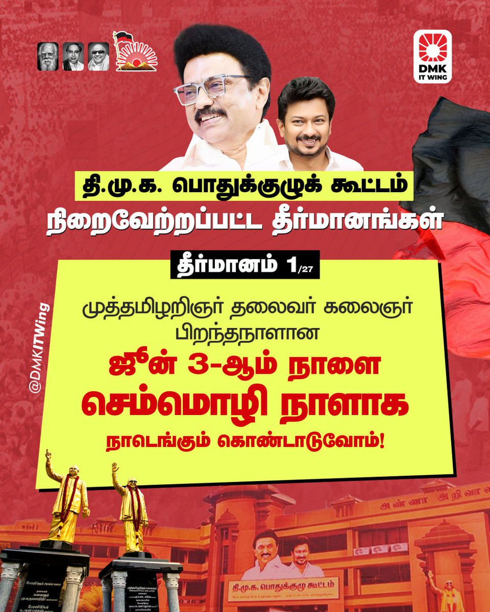 ChandranDMK_'s tweet photo. தி.மு.க. பொதுக்குழுக் கூட்டத்தில் நிறைவேற்றப்பட்ட தீர்மானங்கள்!

தீர்மானம் 1: 

முத்தமிழறிஞர் தலைவர் கலைஞர் பிறந்தநாளான ஜூன் 3-ஆம் நாளை செம்மொழி நாளாக நாடெங்கும் கொண்டாடுவோம்!

#திமுகபொதுக்குழு2025 https://t.co/NnaxmN7dI6