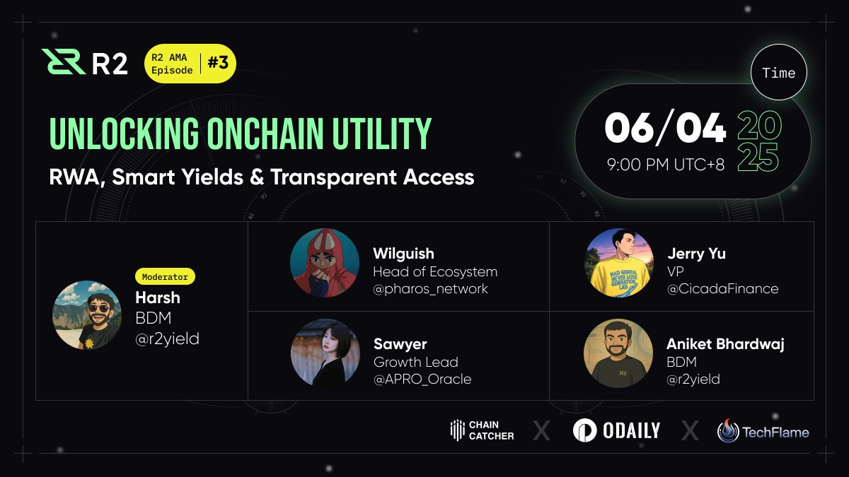 R2 Community (@r2yield) on Twitter photo 📢 R2 AMA #3
Unlocking Onchain Utility: RWA, Smart Yields & Transparent Access
🗓 June 4 | 9PM UTC+8
🎙 Twitter Space <a href="/r2yield/">R2 Community</a>
💡 With <a href="/pharos_network/">Pharos | Testnet Live</a>, <a href="/CicadaFinance/">Cicada</a>, <a href="/APRO_Oracle/">APRO |🐾AI Oracle</a>, and <a href="/r2yield/">R2 Community</a>
🎁 Win 100 USDT: follow + retweet + comment 📢 R2 AMA #3
Unlocking Onchain Utility: RWA, Smart Yields & Transparent Access
🗓 June 4 | 9PM UTC+8
🎙 Twitter Space <a href="/r2yield/">R2 Community</a>
💡 With <a href="/pharos_network/">Pharos | Testnet Live</a>, <a href="/CicadaFinance/">Cicada</a>, <a href="/APRO_Oracle/">APRO |🐾AI Oracle</a>, and <a href="/r2yield/">R2 Community</a>
🎁 Win 100 USDT: follow + retweet + comment