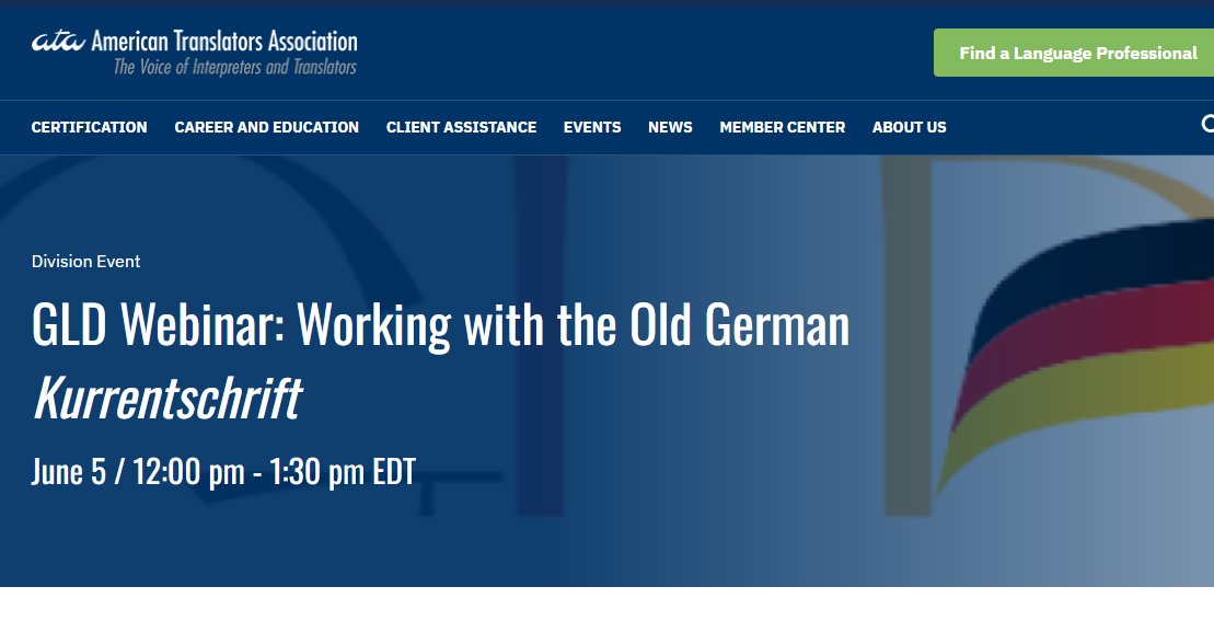 Fernando A. Navarro (@navarrotradmed) on Twitter photo Webinar
"Working with the Old German Kurrentschrift"
<a href="/atanet/">American Translators Association</a> 🇺🇸 <a href="/ATA_GLD/">ATA German Language Division</a>, June 5
Info: atanet.org/event/gld-webi… Webinar
"Working with the Old German Kurrentschrift"
<a href="/atanet/">American Translators Association</a> 🇺🇸 <a href="/ATA_GLD/">ATA German Language Division</a>, June 5
Info: atanet.org/event/gld-webi…