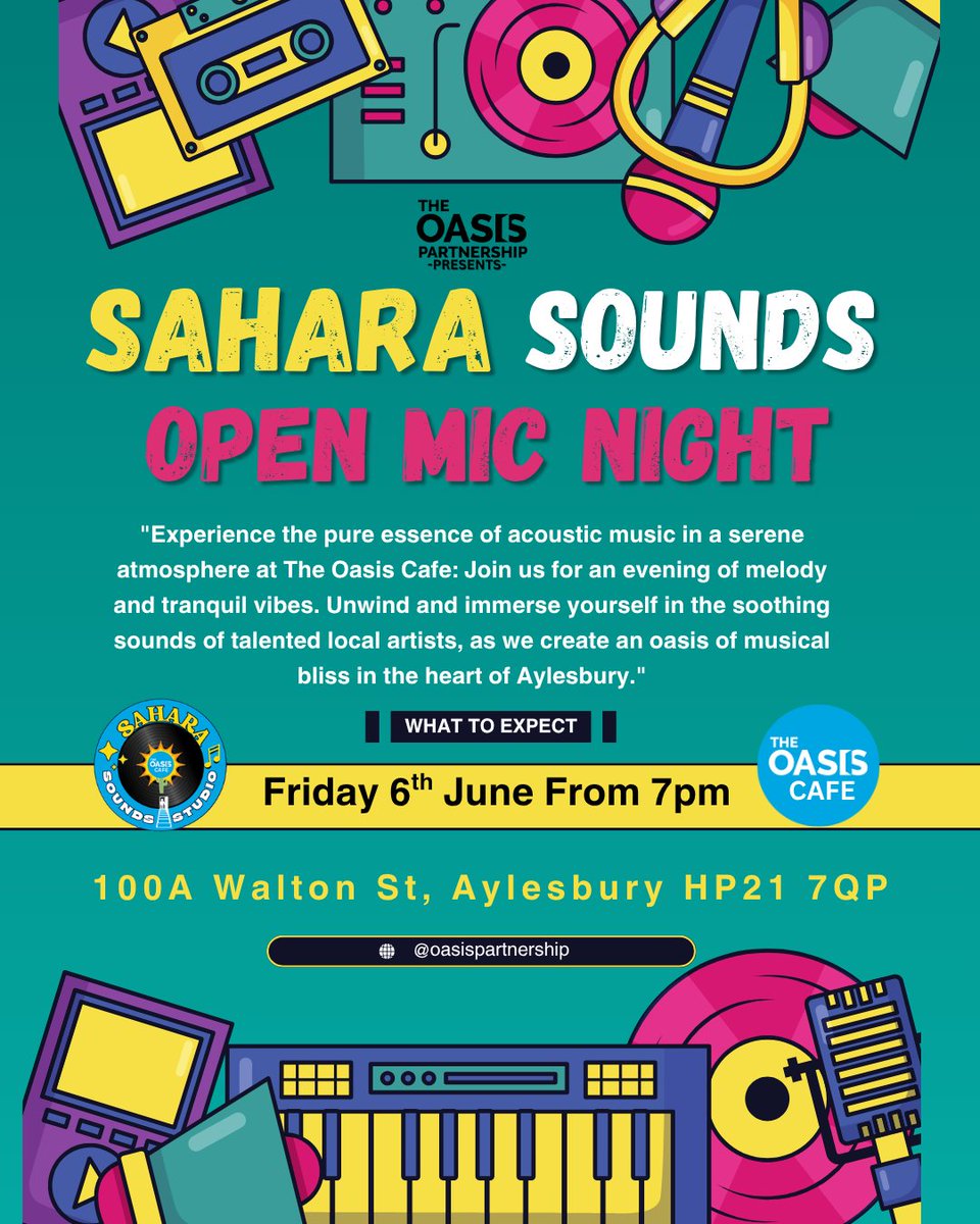 Our Open Mic Night is back this Friday at The Oasis Cafe in Aylesbury!

📍The Oasis Cafe, 100a Walton Street, Aylesbury HP21 7QP
⏰ Friday 6th June from 7pm
🆓 Free
🚗 Free Parking on site (register number plate on entry)

 #OpenMicNight #Aylesbury #bucks