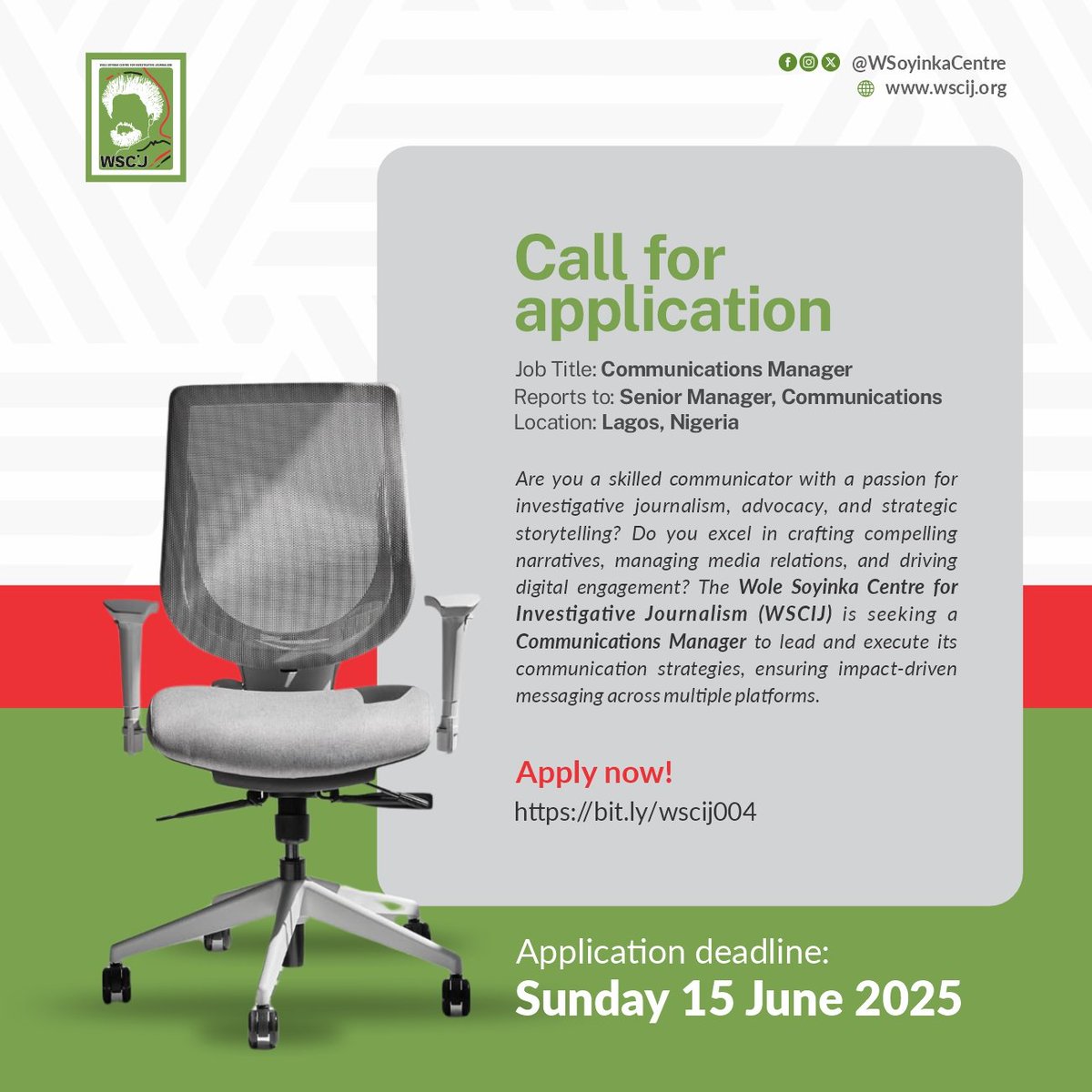 Wole Soyinka Centre (@wsoyinkacentre) on Twitter photo Are you a strategic communicator with a flair for storytelling?
<a href="/WSoyinkaCentre/">Wole Soyinka Centre</a> is looking for a Communications Manager to lead its communication strategy and drive impactful messaging across platforms.
📝 Apply: bit.ly/wscij004
⏳ Deadline: 15 June 2025 Are you a strategic communicator with a flair for storytelling?
<a href="/WSoyinkaCentre/">Wole Soyinka Centre</a> is looking for a Communications Manager to lead its communication strategy and drive impactful messaging across platforms.
📝 Apply: bit.ly/wscij004
⏳ Deadline: 15 June 2025