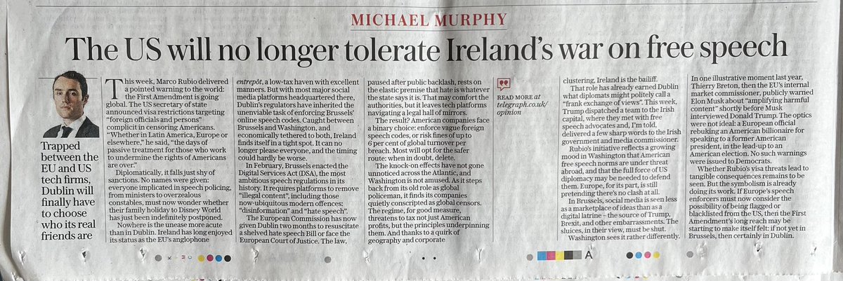 🇮🇪 Trump sent State Dept envoys to Dublin last week. They met with free speech advocates and, I’m told, delivered a few sharp words to the Irish government and media commissioner.

From Sunday <a href="/Telegraph/">The Telegraph</a>
