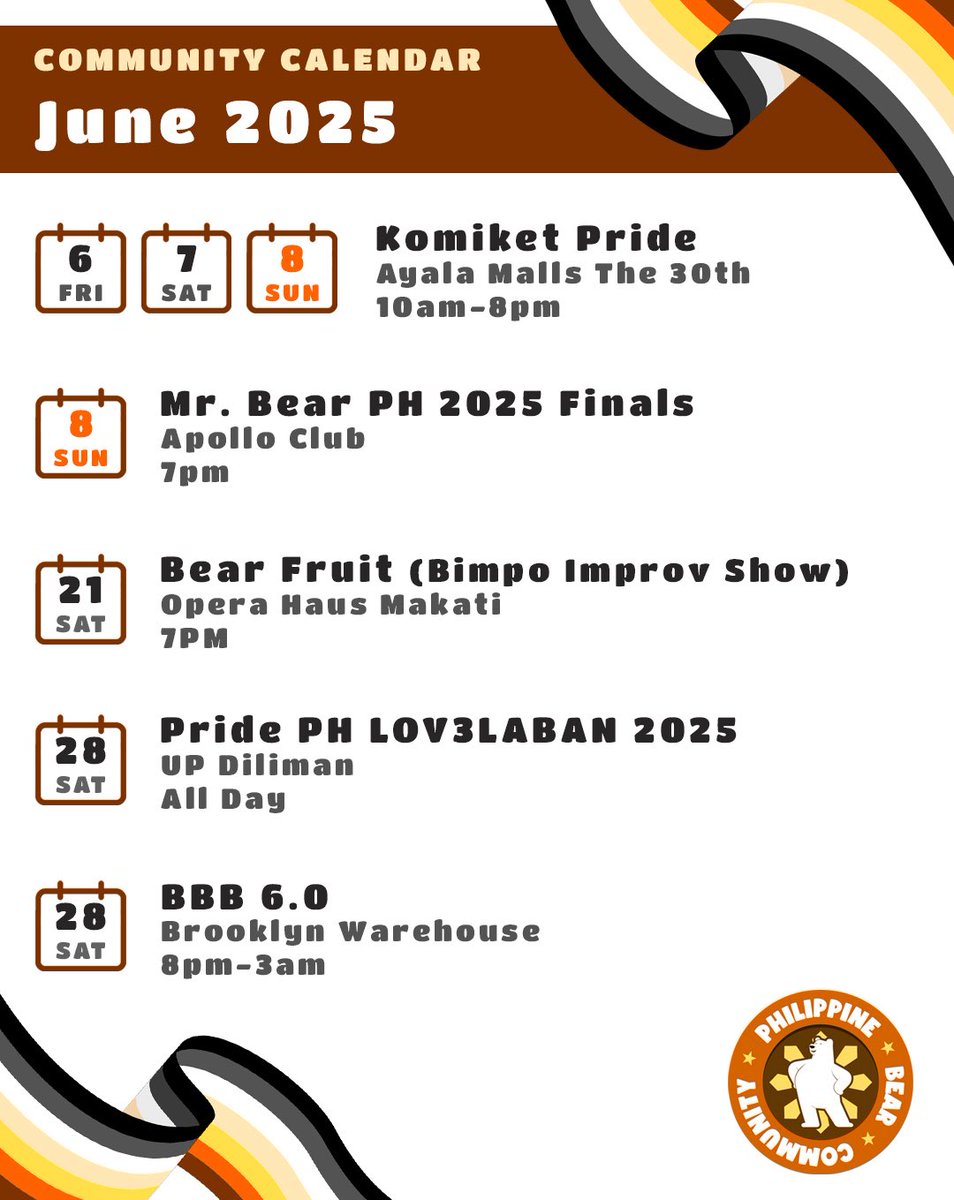 phbearcommunity's tweet image. 🚨 UPDATED PRIDE MONTH CALENDAR! 🚨

Bimpo is having a bear-themed improv show to celebrate Pride, happening on June 21!

For details of each event in the calendar, visit
@KomiketPH 
@MrBearPHOrg
@BimpoImprov 
@tfpridePH 
@BBB_Manila

🐻🐻🐻