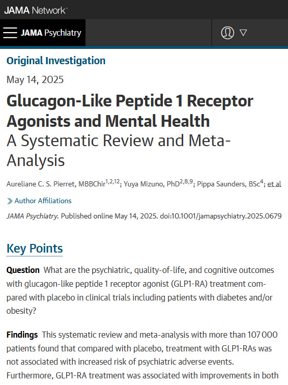 JAMA Psychiatry (@jamapsych) on Twitter photo Most viewed this week from <a href="/JAMAPsych/">JAMA Psychiatry</a>:
GLP1-RA treatment for obesity and diabetes does not increase psychiatric adverse events compared to placebo and is linked to improvements in quality of life, emotional eating, and mental well-being.
ja.ma/44Voqmu Most viewed this week from <a href="/JAMAPsych/">JAMA Psychiatry</a>:
GLP1-RA treatment for obesity and diabetes does not increase psychiatric adverse events compared to placebo and is linked to improvements in quality of life, emotional eating, and mental well-being.
ja.ma/44Voqmu