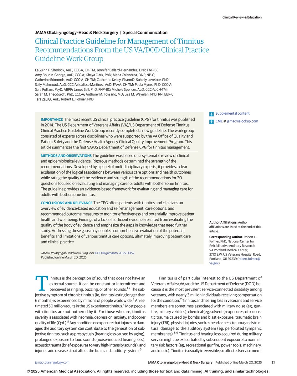 JAMA Otolaryngology – Head & Neck Surgery (@jamaoto) on Twitter photo Most viewed this week from <a href="/JAMAOto/">JAMA Otolaryngology – Head & Neck Surgery</a>:
This Special Communication describes the recommendations made for managing tinnitis in a new clinical practice guideline from the US Department of Veterans Affairs and US Department of Defense.
ja.ma/43jfF4u Most viewed this week from <a href="/JAMAOto/">JAMA Otolaryngology – Head & Neck Surgery</a>:
This Special Communication describes the recommendations made for managing tinnitis in a new clinical practice guideline from the US Department of Veterans Affairs and US Department of Defense.
ja.ma/43jfF4u