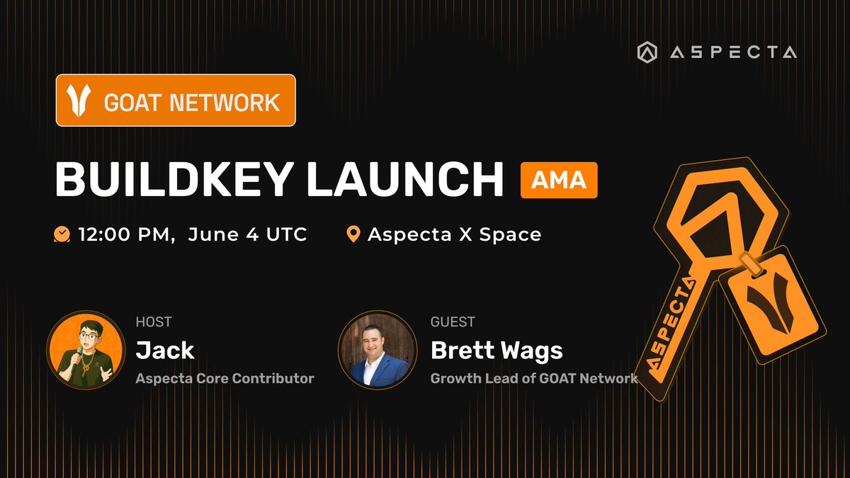 Aspecta - BuildKey π (@aspecta_ai) on Twitter photo β³ Attention BuildKey fam: Only 24 hours until the <a href="/GOATRollup/">GOAT Network π‘</a> BuildKey goes live!
ποΈ To celebrate, we've invited the <a href="/GOATRollup/">GOAT Network π‘</a> team to join this weekβs AMA where we'll dive deep into GOAT Network & their BuildKey launch.
β° June 4, 12:00 PM (UTC)
π x.com/i/spaces/1yoKMβ¦ β³ Attention BuildKey fam: Only 24 hours until the <a href="/GOATRollup/">GOAT Network π‘</a> BuildKey goes live!
ποΈ To celebrate, we've invited the <a href="/GOATRollup/">GOAT Network π‘</a> team to join this weekβs AMA where we'll dive deep into GOAT Network & their BuildKey launch.
β° June 4, 12:00 PM (UTC)
π x.com/i/spaces/1yoKMβ¦